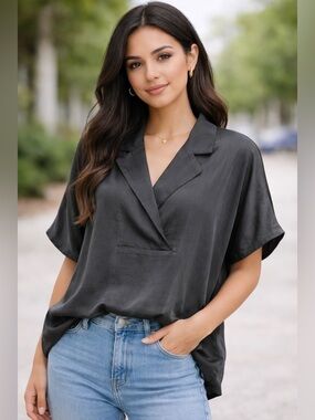 Naked Zebra V-Neck Camp Collar Blouse